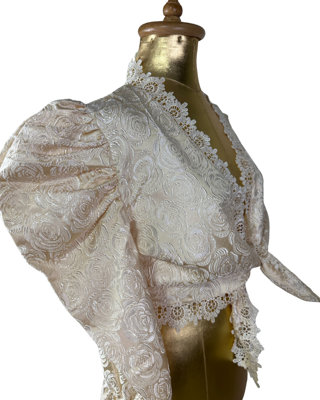 Vintage 80s Cream Brocade Puff-Sleeve Lace Front Tie Blouse