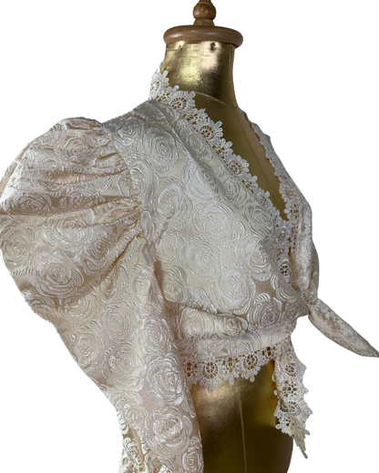 Vintage 80s Cream Brocade Puff-Sleeve Lace Front Tie Blouse
