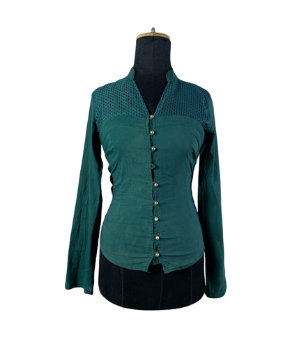 Fitted Stretch Shirt With Lace Yoke And Pearl Buttons