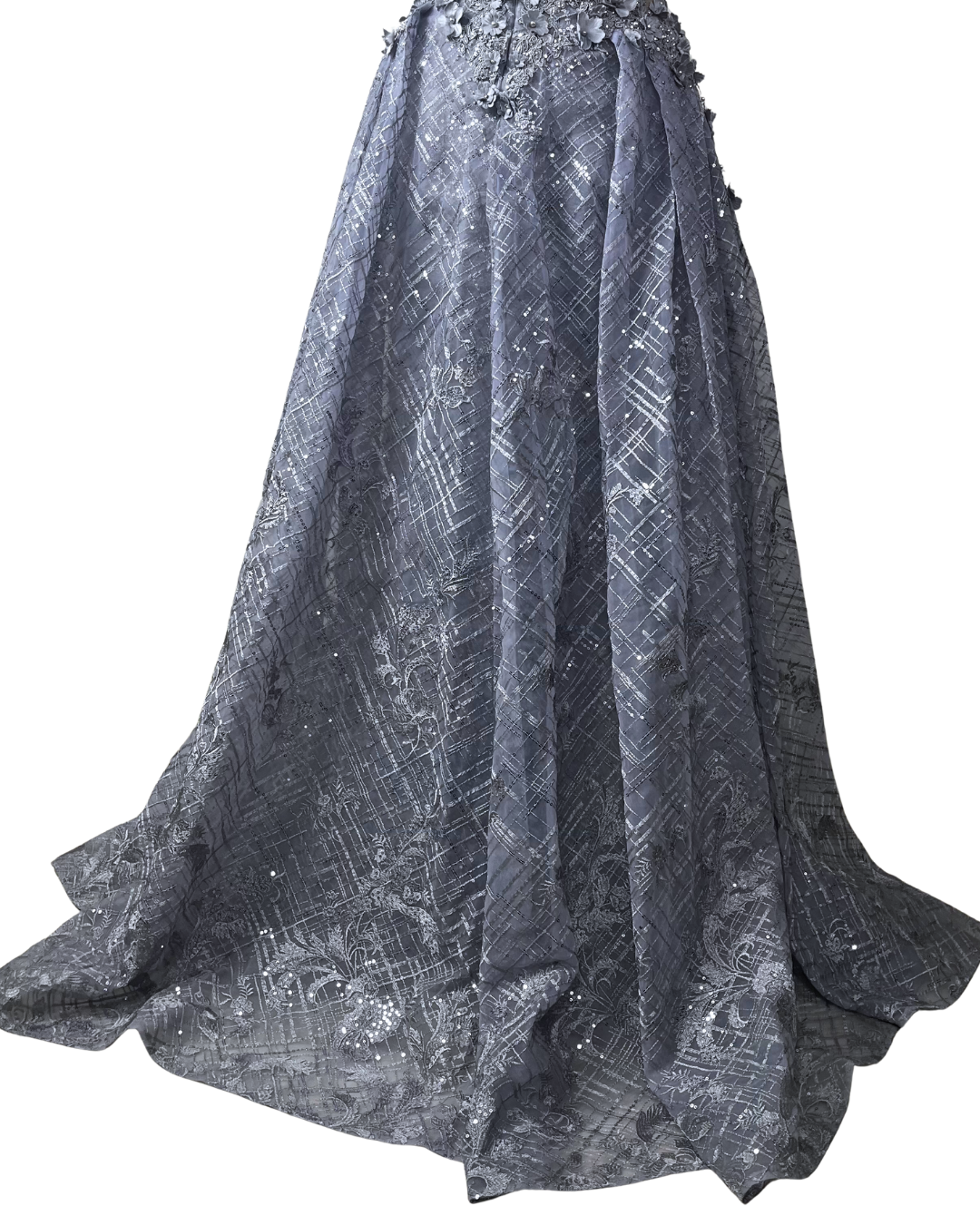 Lavender Embellished Mesh Gown with 3D Floral Appliqué & Flowing Train