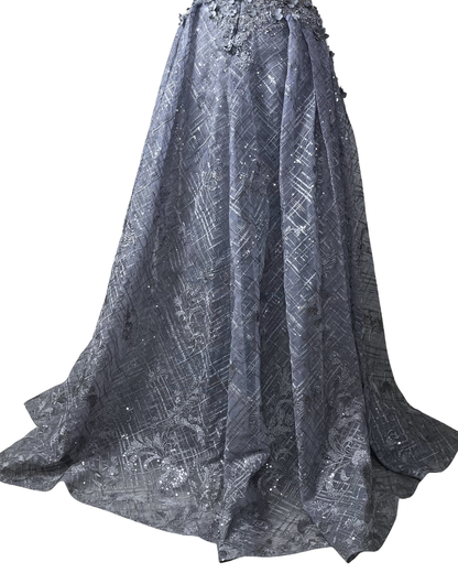 Lavender Embellished Mesh Gown with 3D Floral Appliqué & Flowing Train