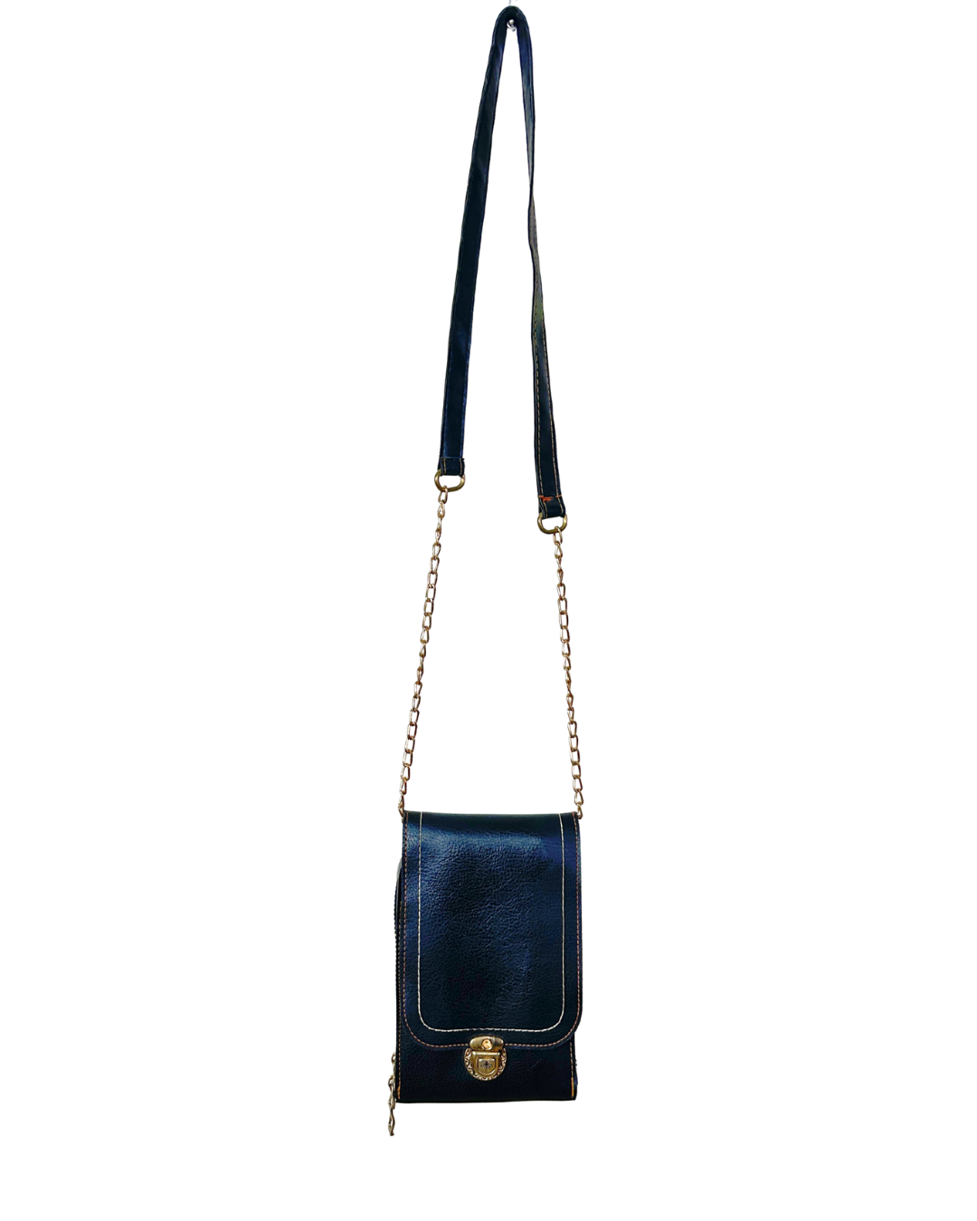 Black Faux Leather Chain Crossbody Bag with Double Zipper