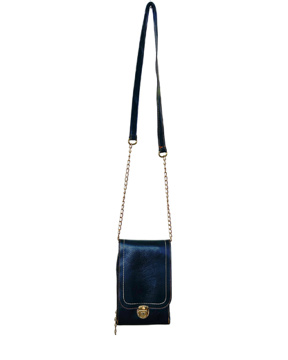 Black Faux Leather Chain Crossbody Bag with Double Zipper