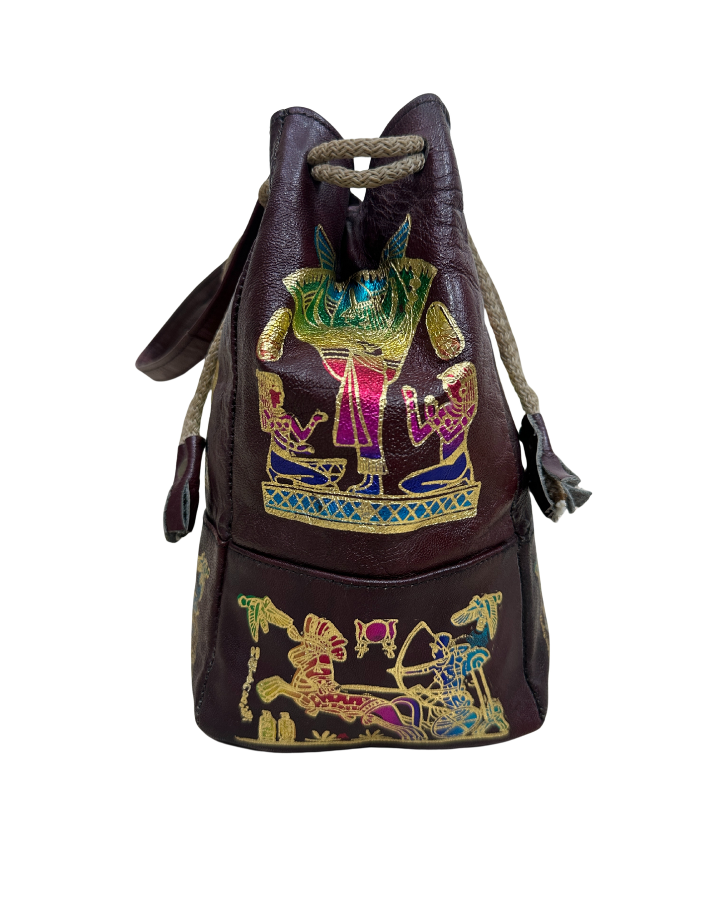 Vintage Burgundy Leather Ancient Egyptian Drawstring Bucket Bag