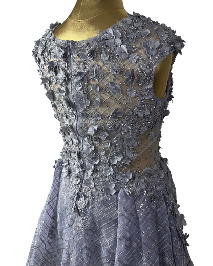 Lavender Embellished Mesh Gown with 3D Floral Appliqué & Flowing Train