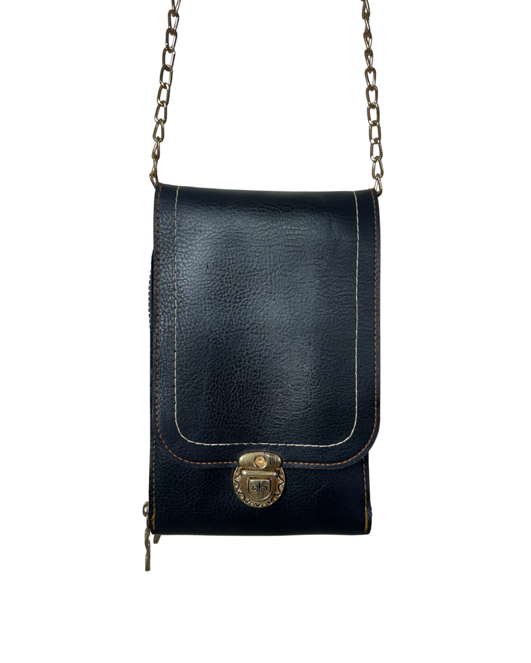 Black Faux Leather Chain Crossbody Bag with Double Zipper