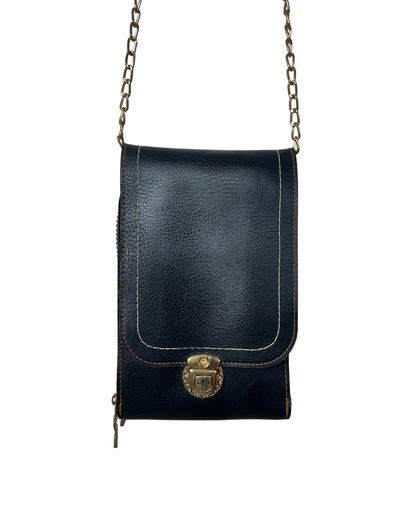 Black Faux Leather Chain Crossbody Bag with Double Zipper