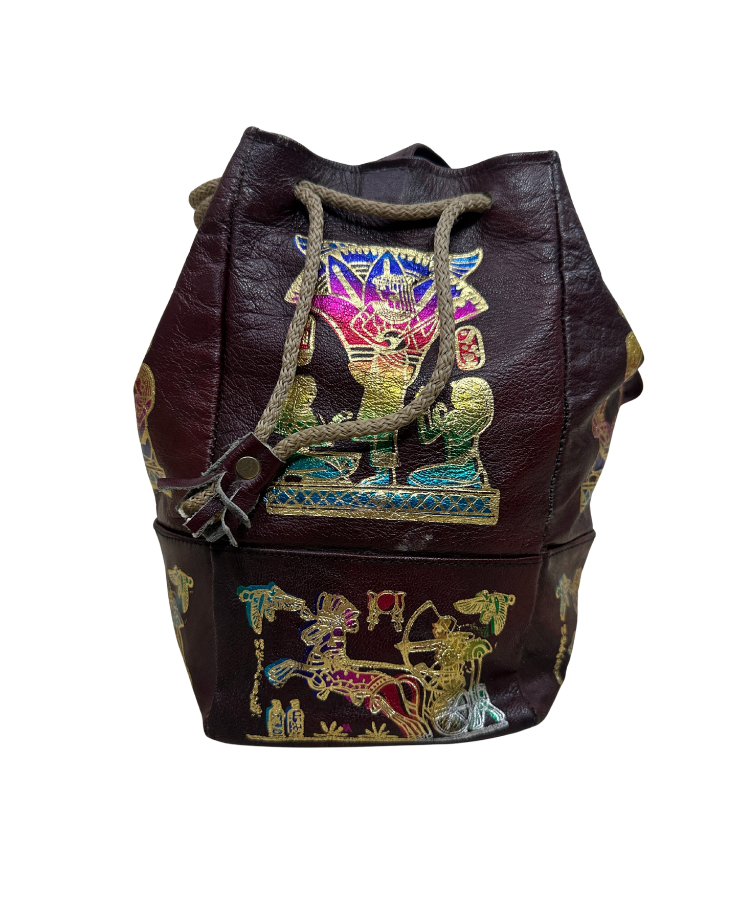Vintage Burgundy Leather Ancient Egyptian Drawstring Bucket Bag