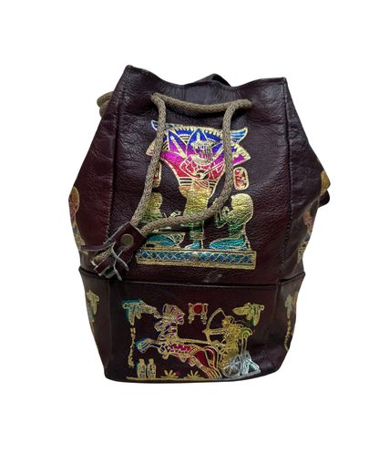Vintage Burgundy Leather Ancient Egyptian Drawstring Bucket Bag