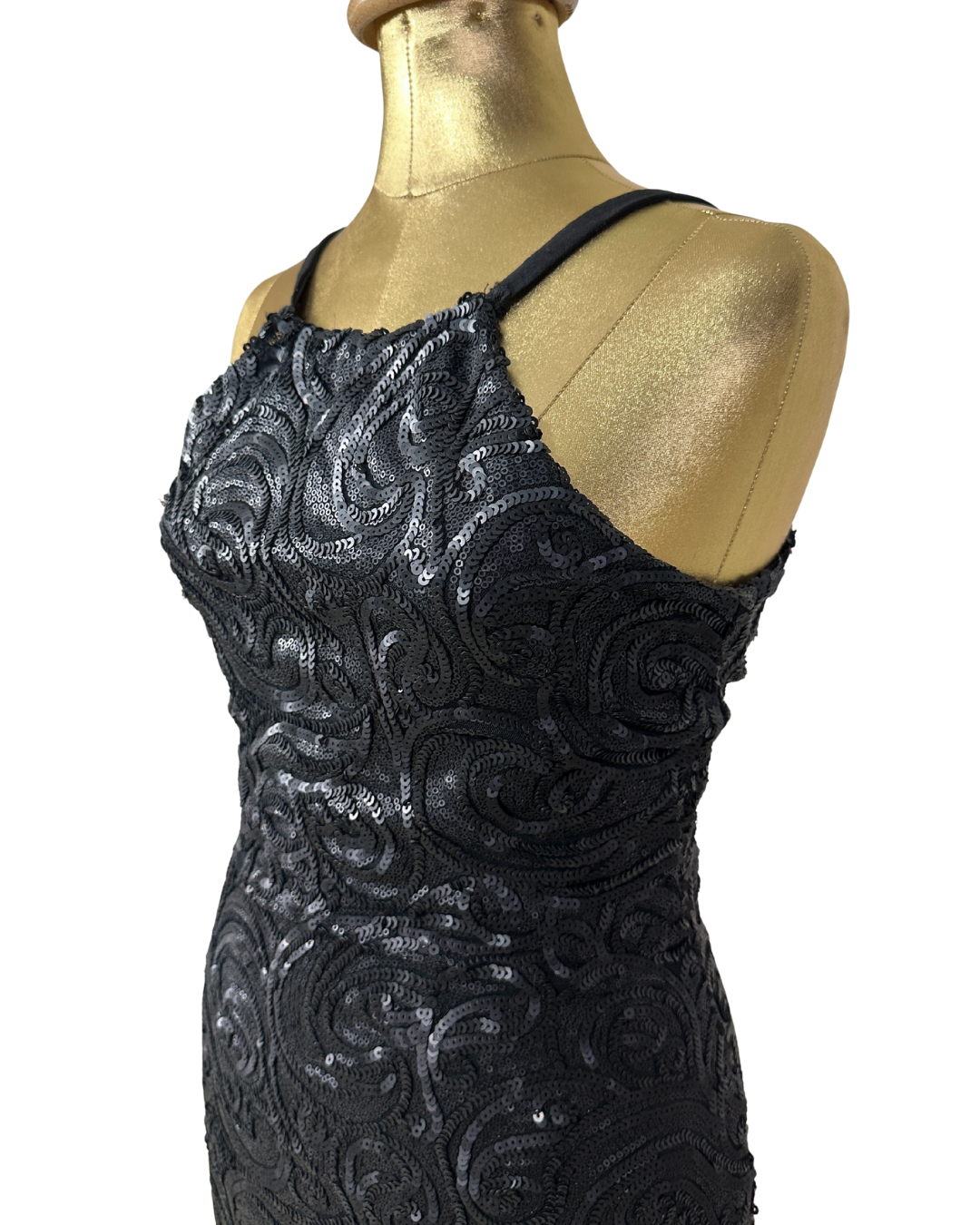 Black Sequin Swirl Bodycon Halter Neck Dress