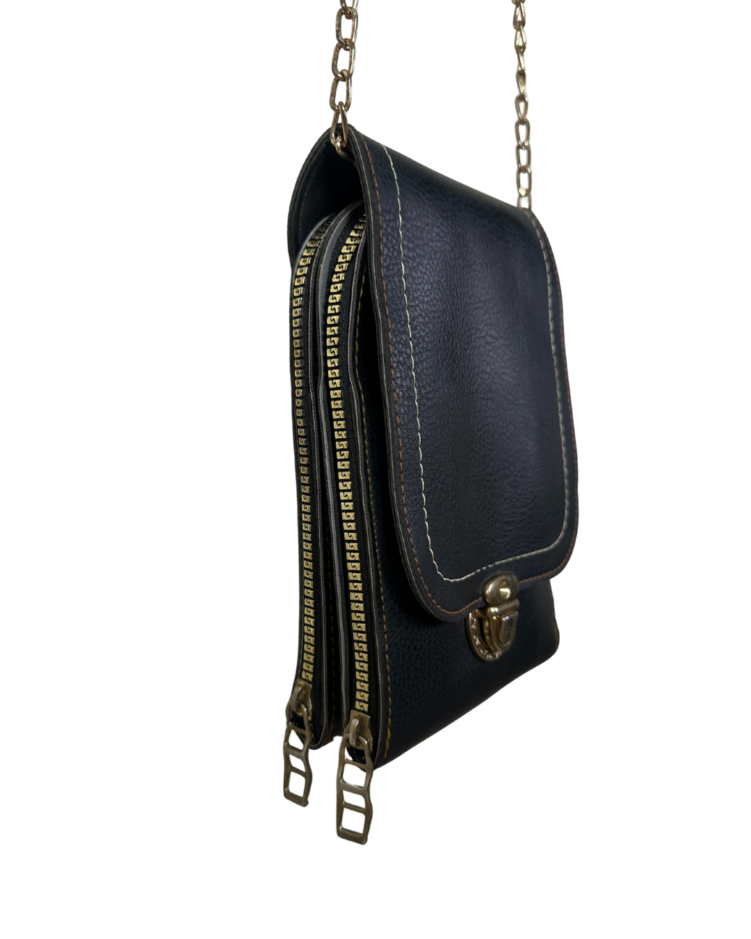 Black Faux Leather Chain Crossbody Bag with Double Zipper