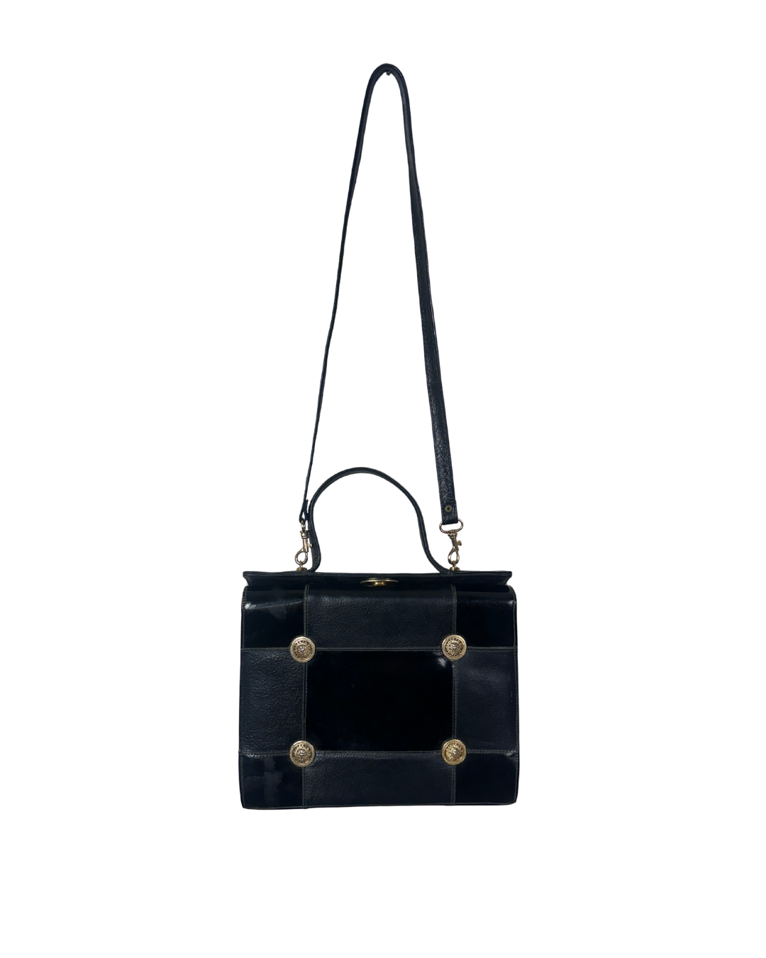 Vintage 80s Leather Structured Handbag with Gold Medallion Details