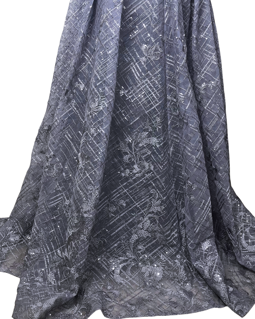 Lavender Embellished Mesh Gown with 3D Floral Appliqué & Flowing Train