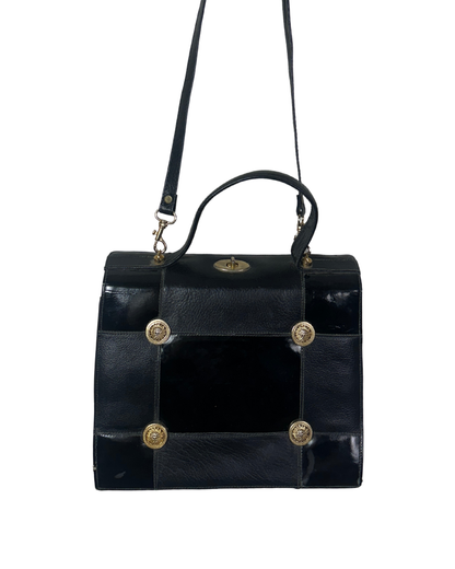 Vintage 80s Leather Structured Handbag with Gold Medallion Details