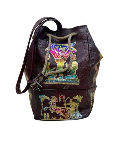 Vintage Burgundy Leather Ancient Egyptian Drawstring Bucket Bag
