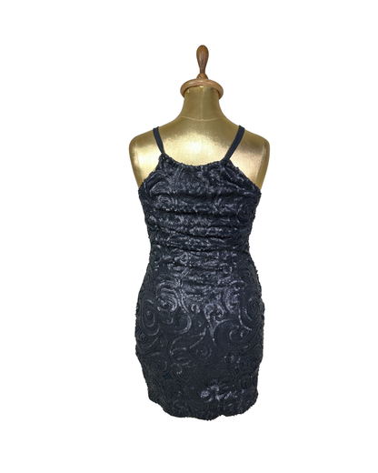 Black Sequin Swirl Bodycon Halter Neck Dress
