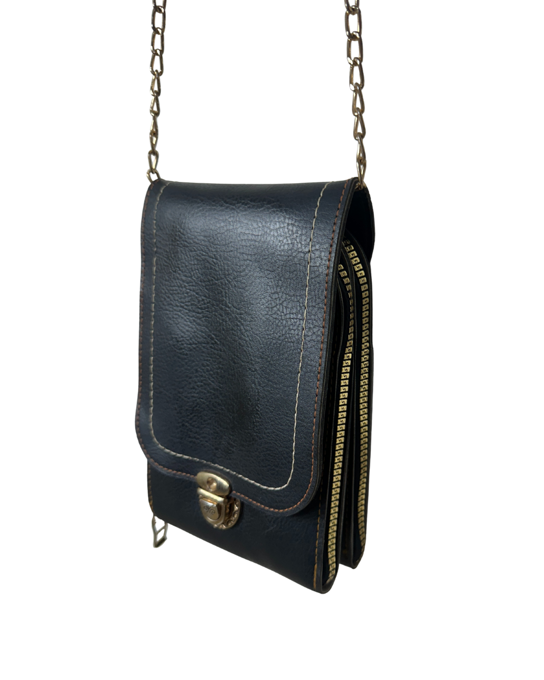 Black Faux Leather Chain Crossbody Bag with Double Zipper