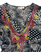 Y2K Bohemian Deep V-Neck Beaded Sheer Tunic Top - 2XL