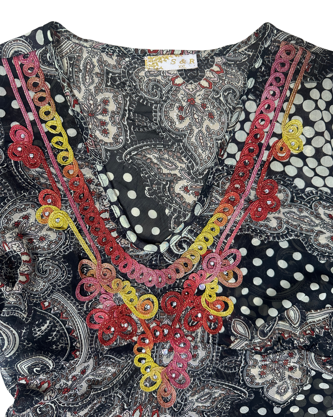 Y2K Bohemian Deep V-Neck Beaded Sheer Tunic Top - 2XL