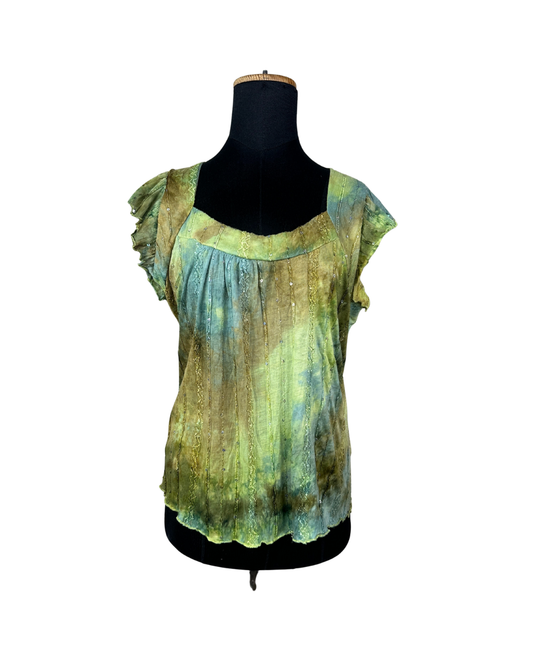 Vintage Green Crinkle Blouse with Sequin Detail Large