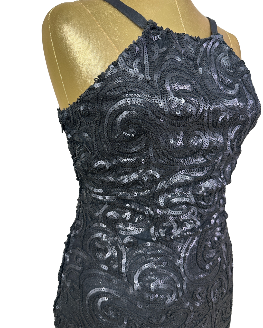 Black Sequin Swirl Bodycon Halter Neck Dress