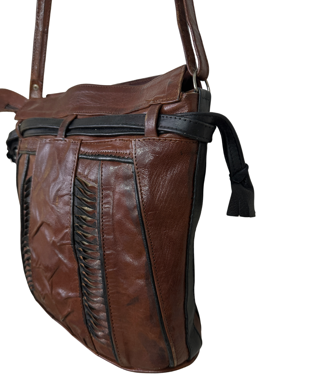 90s Grunge Slouchy Genuine Leather Bag with Plaid Lining