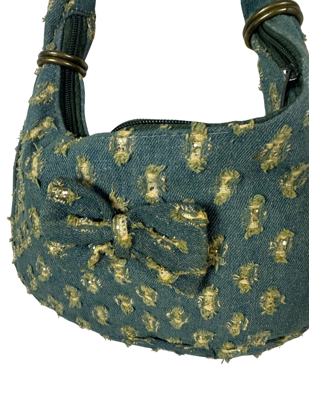 Y2K Distressed Denim Mini Shoulder Bag with Bow Detail