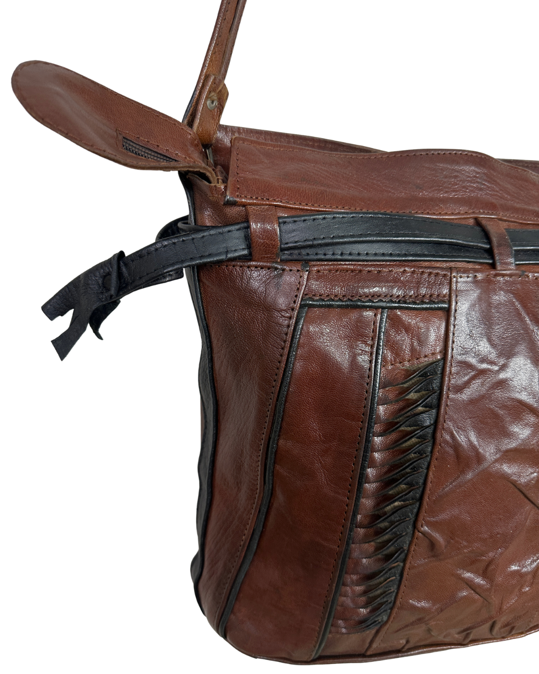 90s Grunge Slouchy Genuine Leather Bag with Plaid Lining