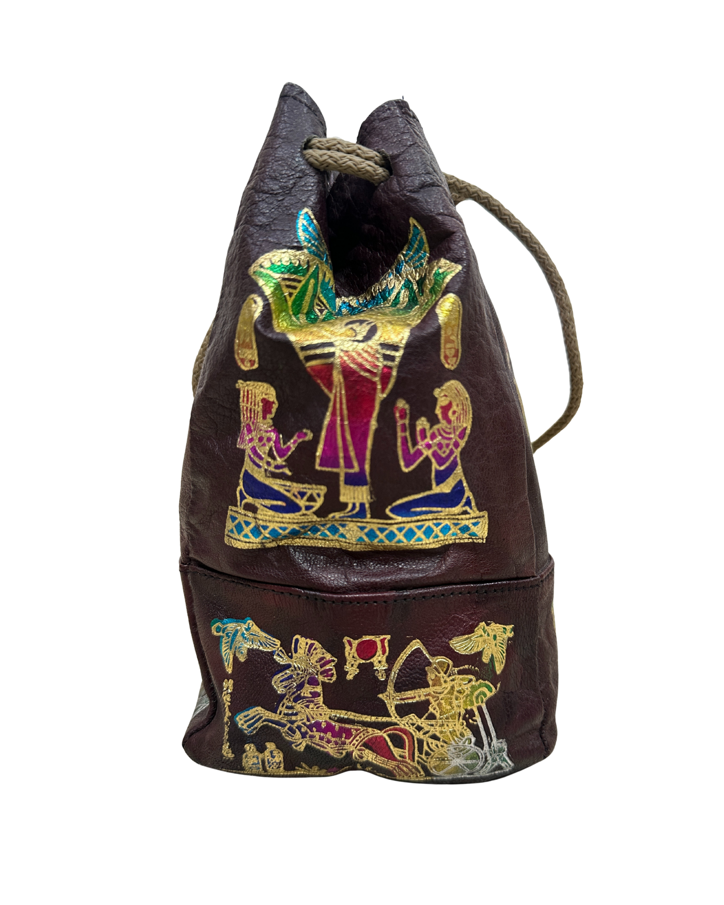 Vintage Burgundy Leather Ancient Egyptian Drawstring Bucket Bag