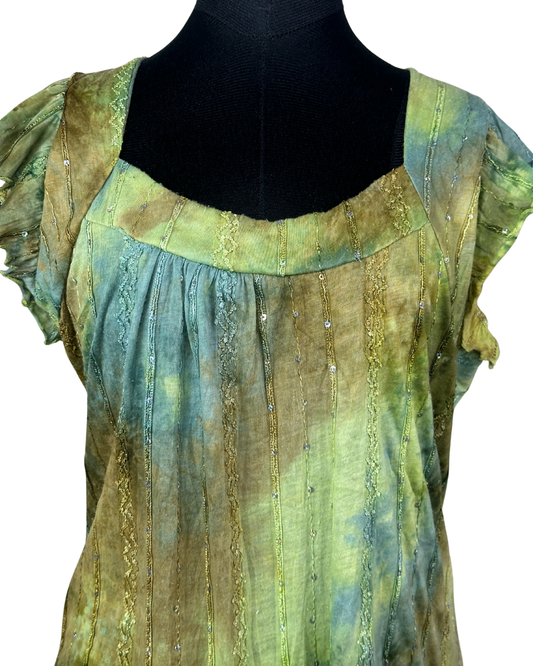 Vintage Green Crinkle Blouse with Sequin Detail Large