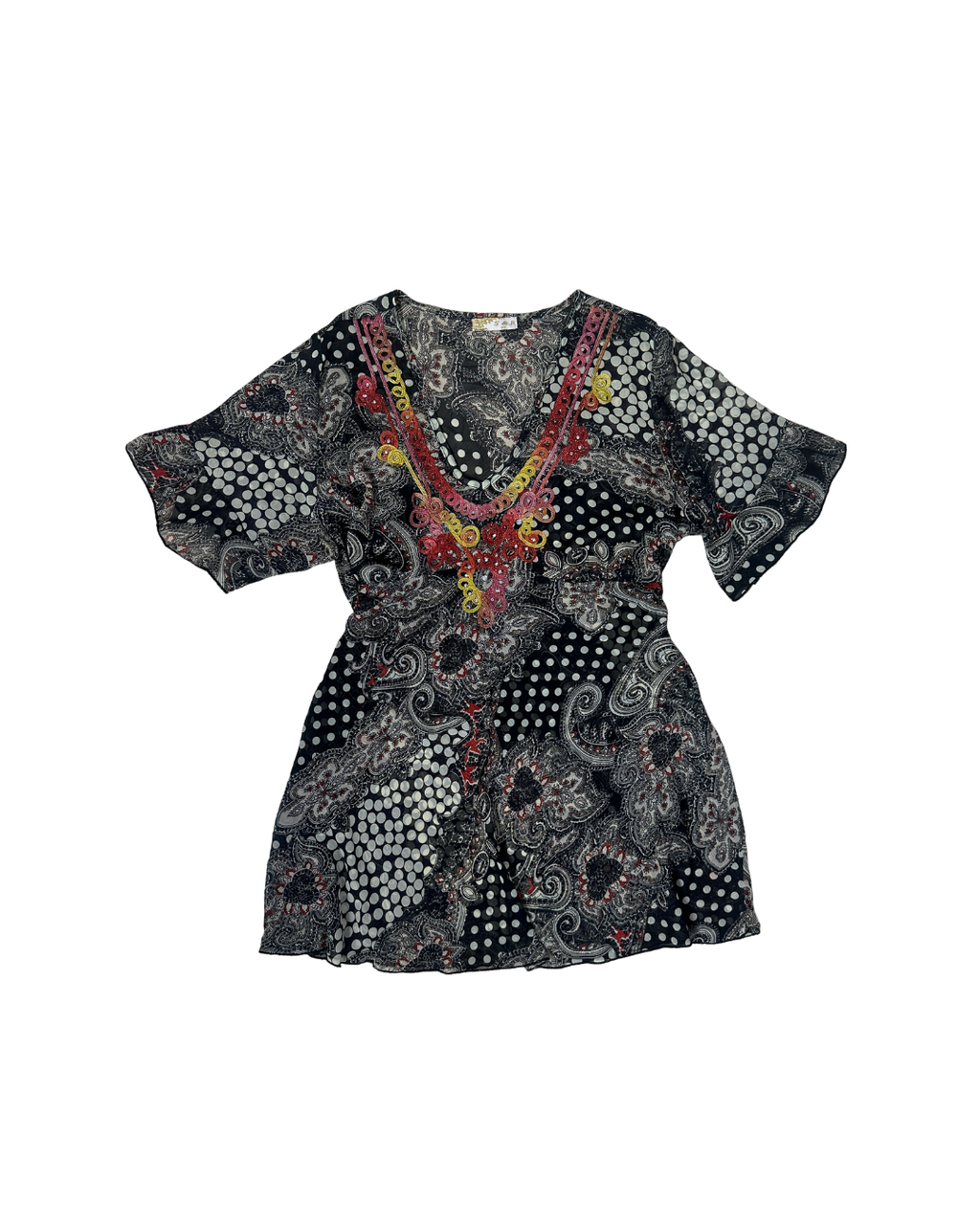 Y2K Bohemian Deep V-Neck Beaded Sheer Tunic Top - 2XL