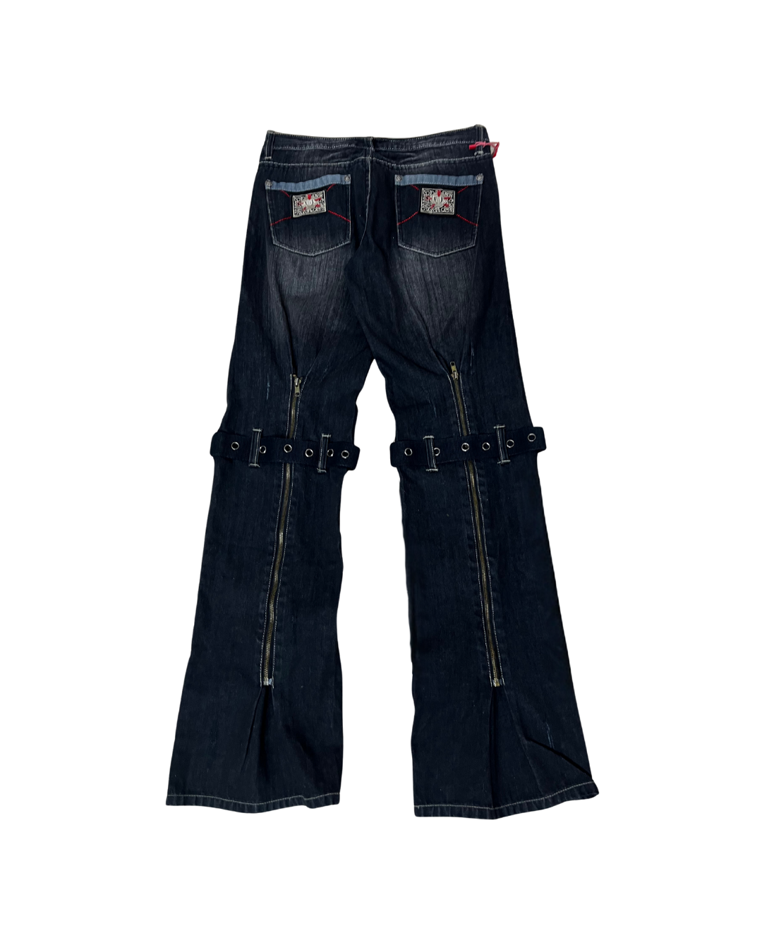 Miss Teen Y2K Dark Wash Jeans with Knee Buckles & Back Zippers
