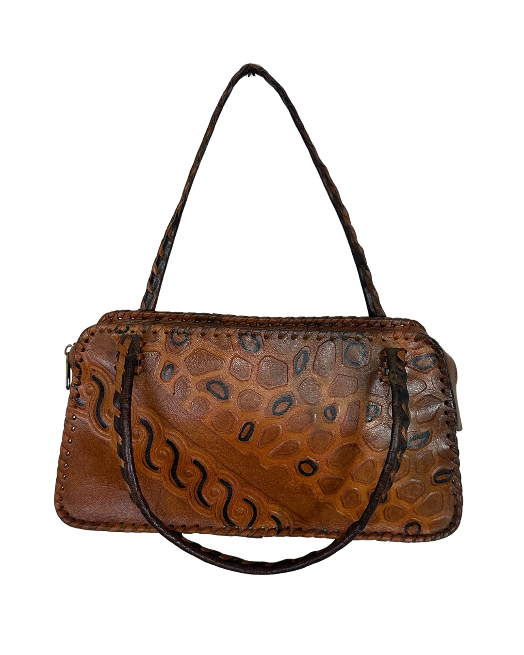 Vintage 70s Whipstitch Embossed Brown Genuine Leather Handbag