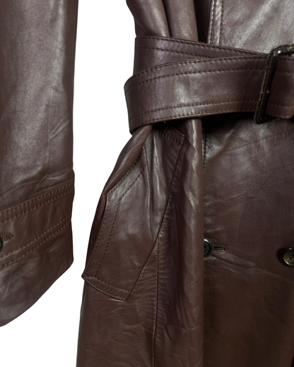 Vintage Brown Double Breasted Genuine Leather Trench Coat - Large