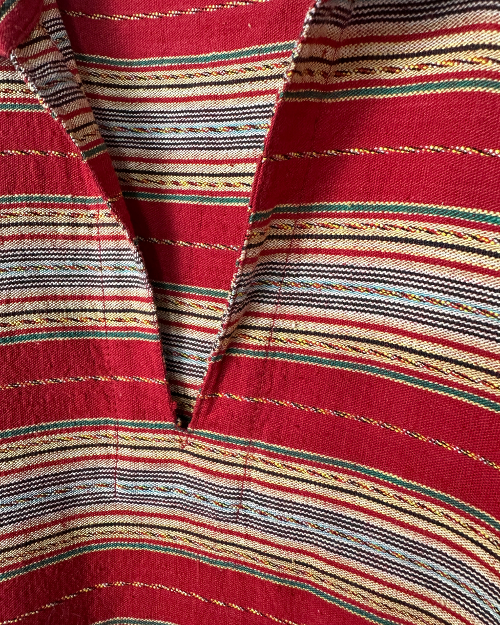 Vintage Red Striped Woven Polo Shirt with Front Pockets -  Medium