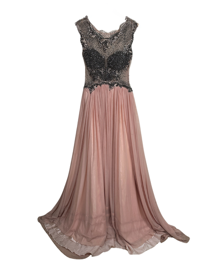 Pink Evening Gown with Sheer Beaded Bodice & Back