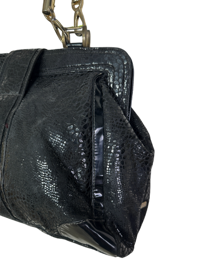 Vintage Black Faux Snakeskin Top-Handle Bag with Gold Buckle