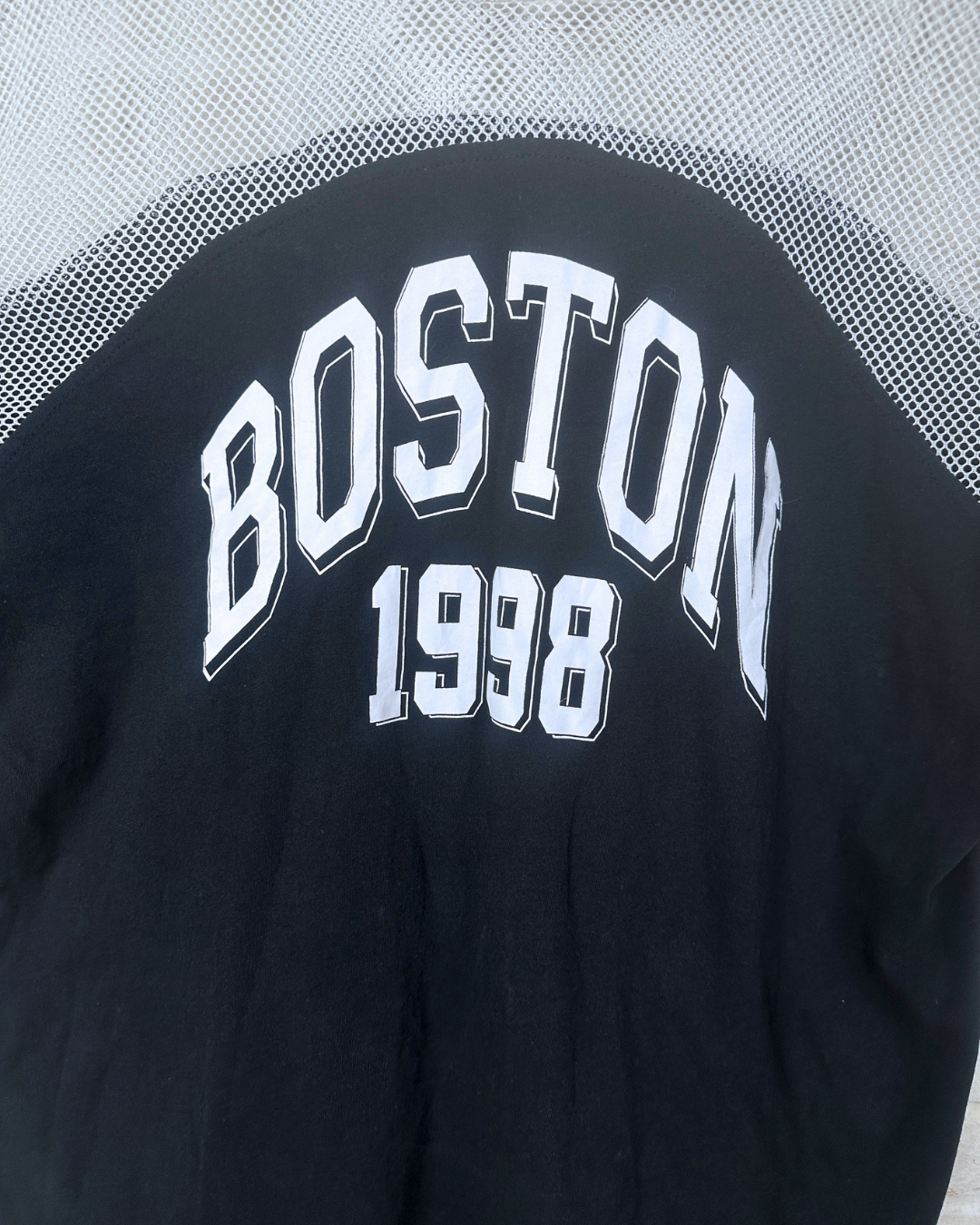 Vintage Style Boston 1998 Fishnet Yoke Hooded T-Shirt