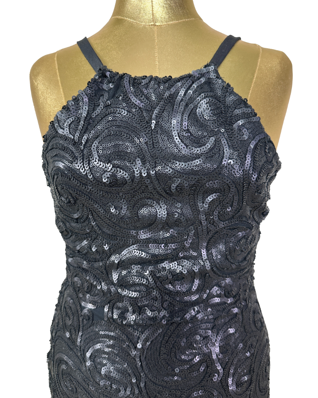 Black Sequin Swirl Bodycon Halter Neck Dress