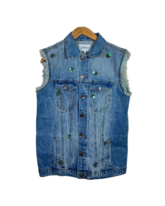 Twist Embellished Denim Vest with Raw Edges