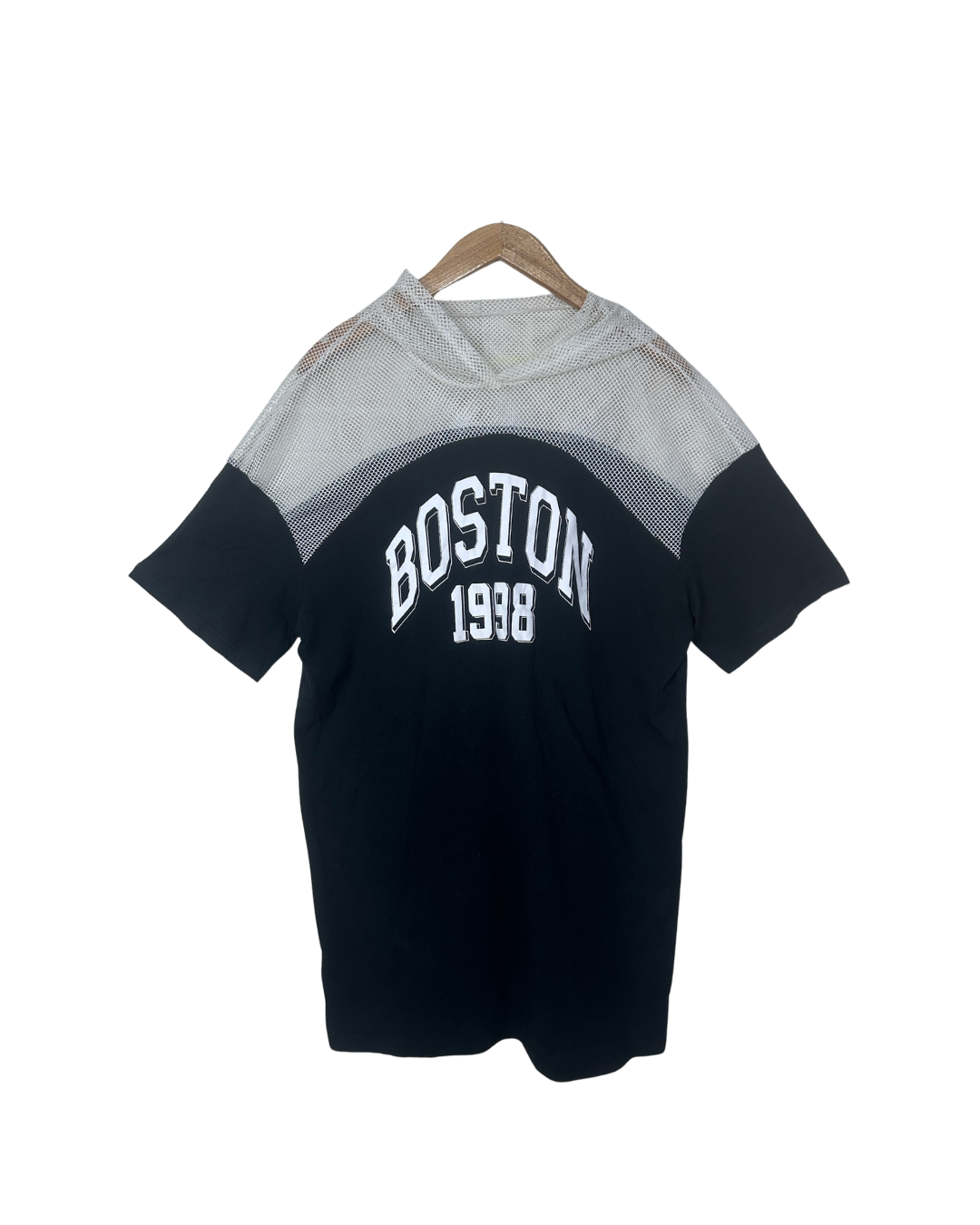Vintage Style Boston 1998 Fishnet Yoke Hooded T-Shirt