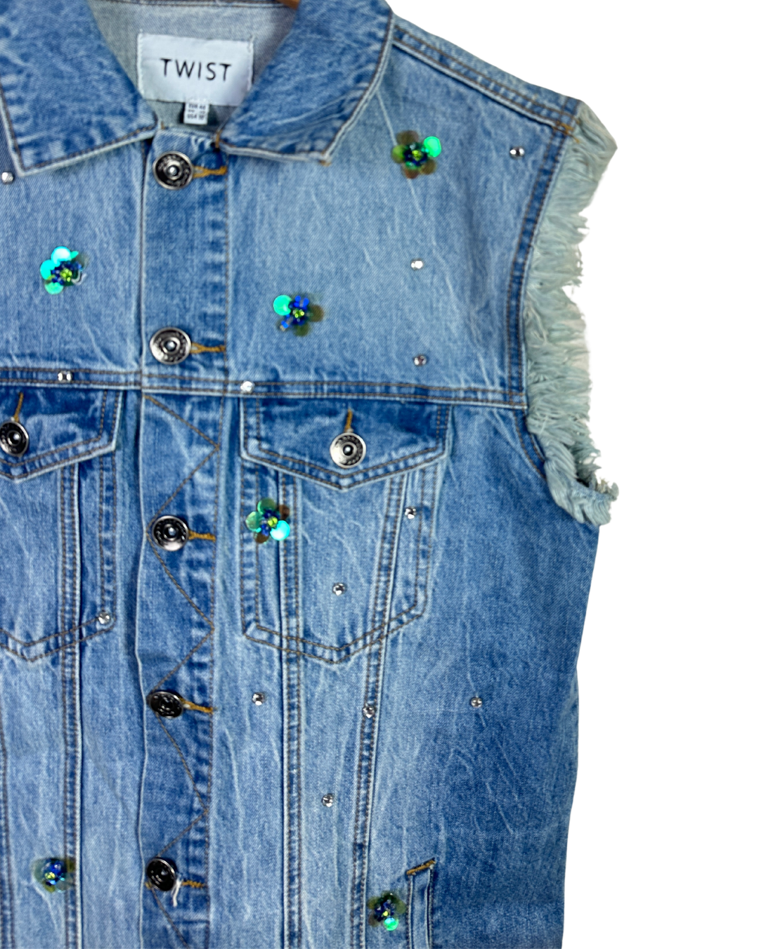 Twist Embellished Denim Vest with Raw Edges