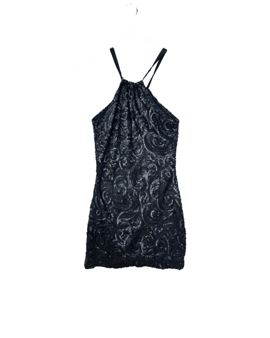 Black Sequin Swirl Bodycon Halter Neck Dress