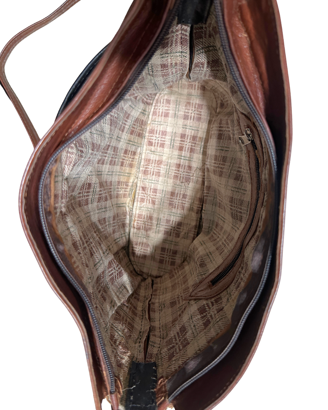 90s Grunge Slouchy Genuine Leather Bag with Plaid Lining
