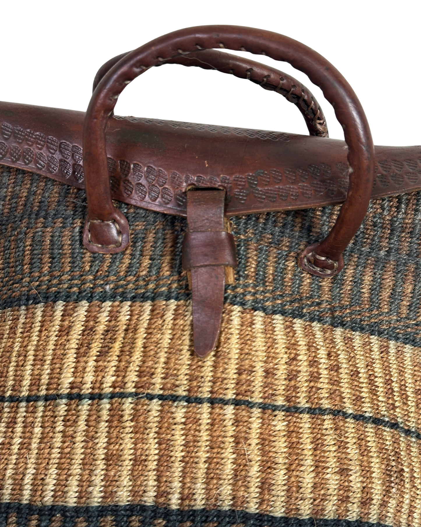 Vintage Handwoven Sisal & Leather Basket Bag