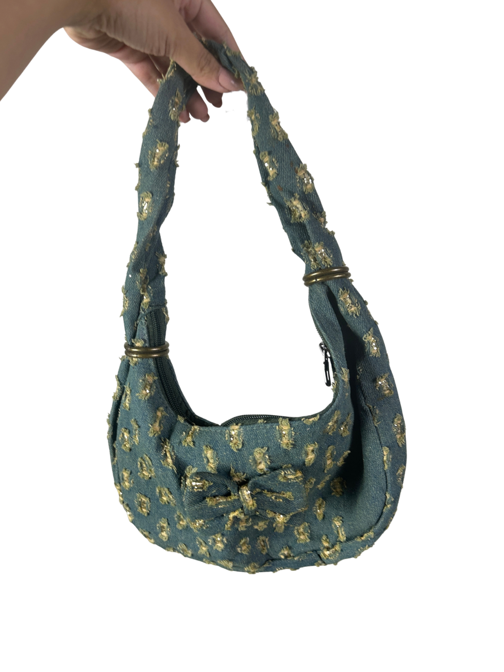 Y2K Distressed Denim Mini Shoulder Bag with Bow Detail