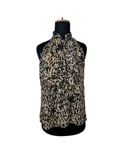 Sleeveless Leopard Print Ruffle Blouse