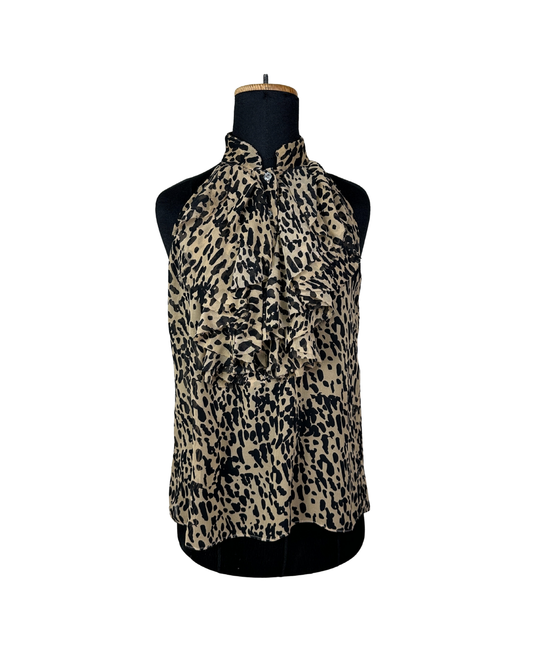 Sleeveless Leopard Print Ruffle Blouse