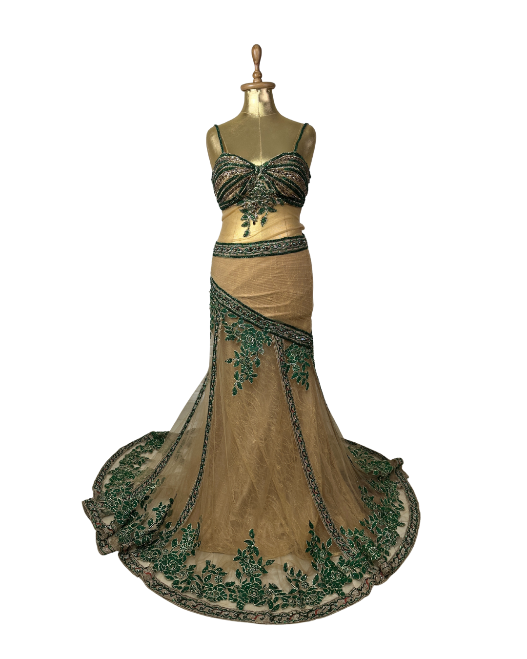 Gold Multi-Layer Lace Gown with Emerald Hand Embroidery