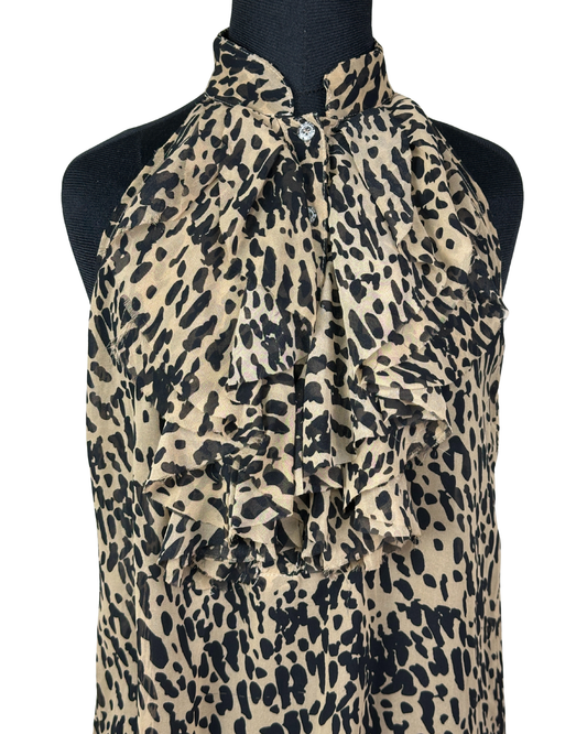 Sleeveless Leopard Print Ruffle Blouse